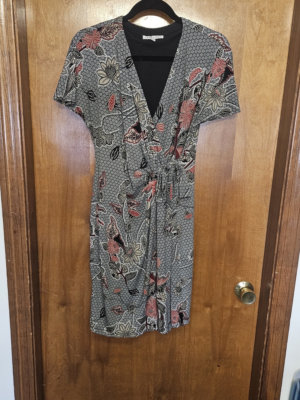 Robbie Bee Gray Wrap Midi Dress with Coral and Cream Floral Print